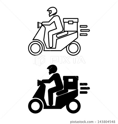 Delivery Icons. Black and White Vector Illustrations. Courier on Scooter and Helmet Carries Parcel to Customer. Delivery Service. Logistics Concept Delivery Icons. Black and White Vector Illustrations. Courier on Scooter and Helmet Carries Parcel to Customer. Delivery Service. Logistics Concept 143804548