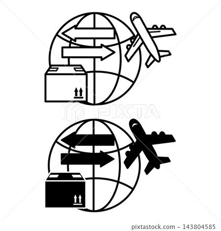 Import and Export Icons. Black and White Vector Illustrations. Globe, Flying Airplane, and Package with Goods. International Delivery Service. Logistics Concept 143804585