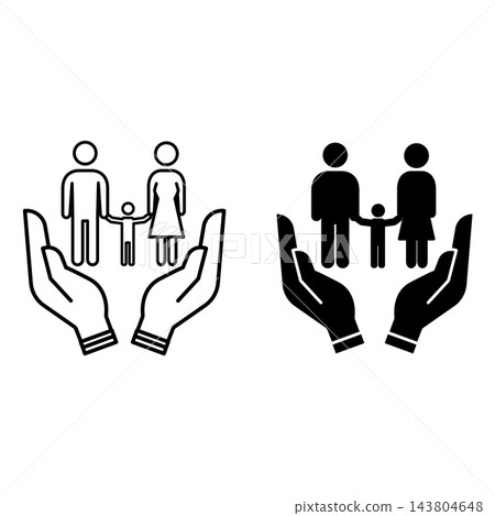 Social Services Icons. Black and White Vector Illustrations. Hands and Family. Mom, Dad, and Child. Helping People. Society Sector Concept 143804648
