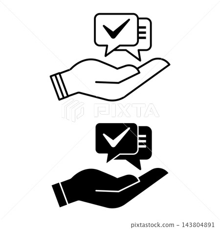 Advice Icons. Black and White Vector Illustration. Speech Bubbles and Human Hand. Recommendation, Consultation. Speaking Concept 143804891