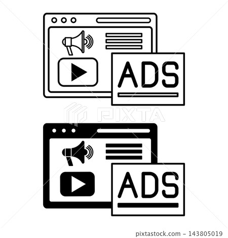 Advertising Icons. Black and White Vector Illustration. Website, Megaphone, Video Player and Active Brand Advertisement. Advertise for Attracting Customers. Digital Marketing Concept Advertising Icons. Black and White Vector Illustration. Website, Megaphone, Video Player and Active Brand Advertisement. Advertise for Attracting Customers. Digital Marketing Concept 143805019