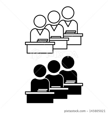 Class Icons. Black and White Vector Illustrations. Students Sitting at Desks with Books. Group of Schoolchildren in a Lesson. Concept Teacher 143805021