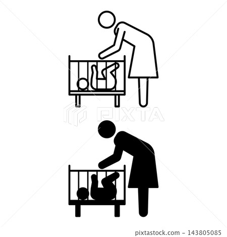 Mother Icons. Black and White Vector Illustration. Mom Reaches Out to Her Baby in a Crib, Relatives. Family Concept Mother Icons. Black and White Vector Illustration. Mom Reaches Out to Her Baby in a Crib, Relatives. Family Concept 143805085