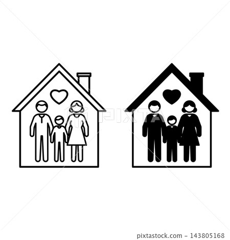 Family House Icons. Black and White Vector Illustrations. Residential House for Single Family Living. Father, Mother, and Child. Family Concept 143805168