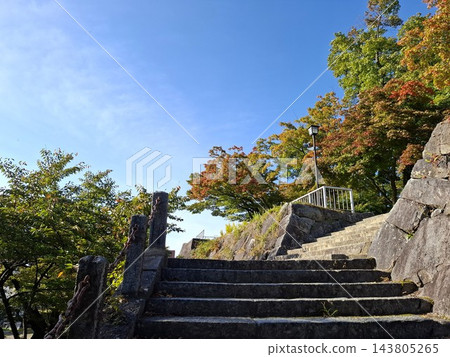 盛岡城遺址公園：古老的石階和晴朗的秋日藍天。 143805265