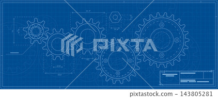 Technical blueprint background with gear mechanism Technical blueprint background with gear mechanism 143805281