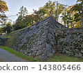 盛岡城遺址公園：長滿青苔的雄偉石牆和樹木沐浴在秋天的陽光下。 143805466