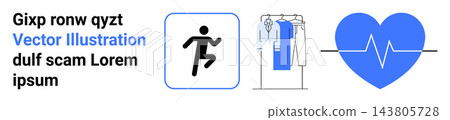 Fitness and wellness, physical activity, health tracking, apparel design, lifestyle concepts, gym promotion. Black running figure, clothing rack and heart with heartbeat line. Fitness and wellness Fitness and wellness, physical activity, health tracking, apparel design, lifestyle concepts, gym promotion. Black running figure, clothing rack and heart with heartbeat line. Fitness and wellness 143805728