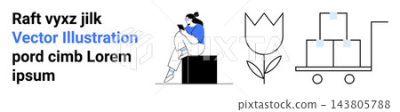 Reading, logistics, organization, productivity, minimalist decor, lifestyle. A woman reading on a box, tulip illustration and stacked boxes on a cart. Reading and logistics concept 143805788