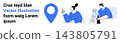 Location navigation, shopping discounts, user interaction, e-commerce, digital interface, online services. A blue map pin, a woman talking and a man holding a shopping bag. Location navigation 143805791