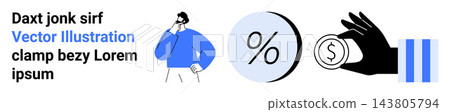 Financial planning, decision-making, interest rate, money management, savings, and economics. Person thinking, percentage sign and hand holding a coin. Financial planning and decision-making concept Financial planning, decision-making, interest rate, money management, savings, and economics. Person thinking, percentage sign and hand holding a coin. Financial planning and decision-making concept 143805794