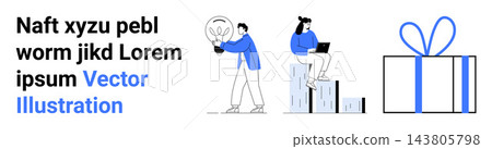 Innovation, teamwork, productivity, creativity, celebration, gifting. Person with light bulb, another person with laptop on charts and a large gift box. Innovation and teamwork concept Innovation, teamwork, productivity, creativity, celebration, gifting. Person with light bulb, another person with laptop on charts and a large gift box. Innovation and teamwork concept 143805798