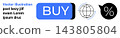Ecommerce, online shopping, digital marketing, global commerce, sales promotion, modern trade. Blue buy button, globe icon black percentage symbol. Ecommerce and online shopping theme 143805804