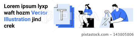 E-commerce, digital collaboration, remote work, online communication, virtual learning, mobile technology. Man holding shopping bag, woman working on laptop. Online shopping and digital collaboration E-commerce, digital collaboration, remote work, online communication, virtual learning, mobile technology. Man holding shopping bag, woman working on laptop. Online shopping and digital collaboration 143805806
