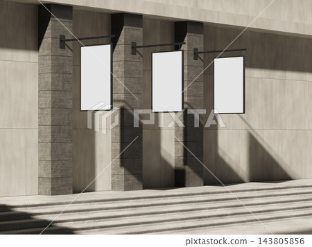 Blank three projecting blade signs on stone pilasters 3D render 143805856