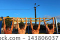 Athletic guys doing pull ups at sports ground. Young muscular sportsmen exercising outdoor. Strong sporty men working out at summer nature. Concept of healthy and active lifestyle. Slow motion 143806037