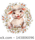 Cute Baby Lamb Illustration in Daisy Wreath with Spring Flowers 143806096