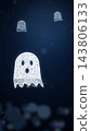 Friendly sparkle ghost glides below two small ghosts in the night 143806133