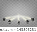 Spotlights set, stage and studio light, realistic hanging lamps. Spot lights and searchlights for concert. Vector 143806231
