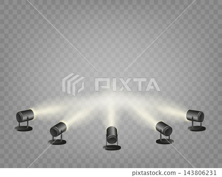 Spotlights set, stage and studio light, realistic hanging lamps. Spot lights and searchlights for concert. Vector Spotlights set, stage and studio light, realistic hanging lamps. Spot lights and searchlights for concert. Vector 143806231