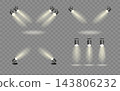 Spotlights set, stage and studio light, realistic hanging lamps. Spot lights and searchlights for concert. Vector 143806232