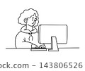 Cute Female Remote Worker Typing on Computer. Linear Doodle Art. Business Woman Working at Desktop PC for Remote Job, Workplace Concept. Vector Illustration. Line drawing, coloring page 143806526