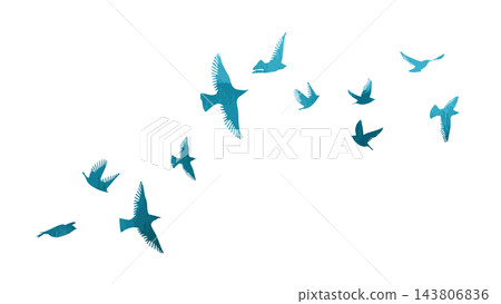 Flying blue birds silhouette flock. hand drawing. Not AI. Vector illustration Flying blue birds silhouette flock. hand drawing. Not AI. Vector illustration 143806836