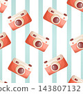 Seamless vector pattern with retro cameras on mint striped background 143807132