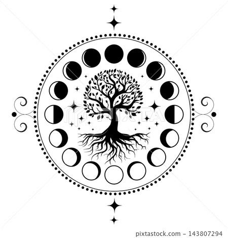 Moon phases astronomy and Mystical Tree of life, lunar cycle, full moon, waning, waxing, first quarter, gibbous, crescent, third quarter. Boho style, circle logo vector Illustration on white 143807294