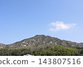 Burnt trees and mountainside after a wildfire. Copy space against a clear blue sky. Asakura district, Imabari City, Ehime Prefecture. 143807516