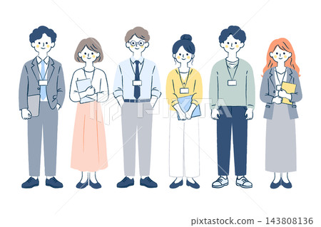 Full-body illustration of six office workers standing in a row with smiles on their faces | Male and female, employee IDs, suits, documents, glasses Full-body illustration of six office workers standing in a row with smiles on their faces | Male and female, employee IDs, suits, documents, glasses 143808136