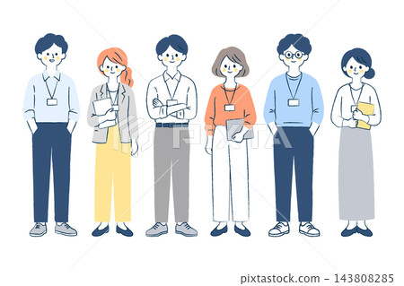 Six smiling company employees, two men and two women, wearing their employee IDs and standing in a row. (Men, women, name tags, documents, glasses) Six smiling company employees, two men and two women, wearing their employee IDs and standing in a row. (Men, women, name tags, documents, glasses) 143808285