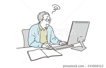 Illustration of a senior man who doesn't know how to use a computer 143808322