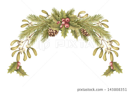 Watercolor Christmas upper half round arrangement with mistletoe and holly berry. Vintage spruce branch curve shows white berry and pinecone. Botanical traditional graphic suits holiday card decor. 143808351
