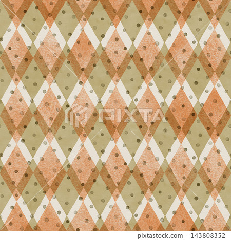 Argyle seamless pattern with watercolor orange and green rhombus shapes. Polka dot diamond texture creates vintage background design. Use for wallpaper and fashion fabric. Retro circus textile print. 143808352