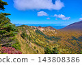 View of Mt. Jagotake, Mt. Sennindake, and the J-Band area from Mt. Kurofuyama on the outer rim of Mt. Asama in Komoro City, Nagano Prefecture in autumn. 143808386
