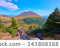 View of Mount Asama (Maekakeyama) and Mount Sennindake from near Tomi-no-atama on the outer rim of Mount Asama in Komoro City, Nagano Prefecture, in autumn. 143808388