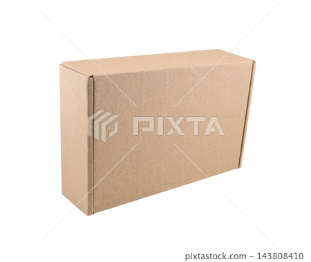 cardboard box standing on its side edge on a white isolated background at an angle cardboard box standing on its side edge on a white isolated background at an angle 143808410