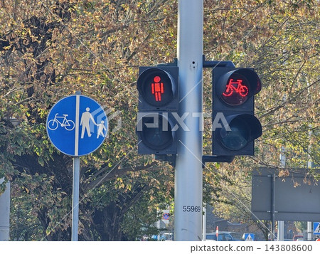Red Pedestrian and Bicycle Traffic Lights at Urban Crossing Red Pedestrian and Bicycle Traffic Lights at Urban Crossing 143808600