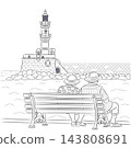 Black and White Vector Illustration of Chania Lighthouse and Couple on Bench in Crete Greece 143808691