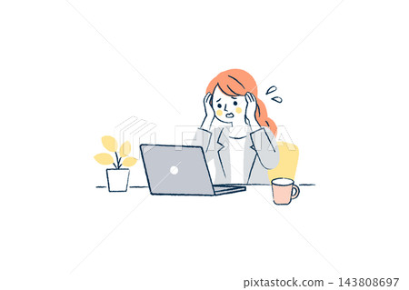 An illustration of a female office worker holding her head in frustration while working on her computer | Woman, laptop, sweat, houseplant, mug An illustration of a female office worker holding her head in frustration while working on her computer | Woman, laptop, sweat, houseplant, mug 143808697