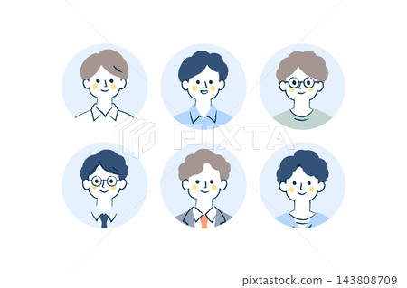 A set of 6 round profile icons of smiling men | Office worker, glasses, suit, shirt, tie A set of 6 round profile icons of smiling men | Office worker, glasses, suit, shirt, tie 143808709