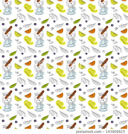 Seamless pattern of mulled wine mugs and citrus in hand-drawn doodle style for winter gift wrapping. Raster illustration on white for festive wrapping paper, winter packaging, textiles and table decor Seamless pattern of mulled wine mugs and citrus in hand-drawn doodle style for winter gift wrapping. Raster illustration on white for festive wrapping paper, winter packaging, textiles and table decor 143808825