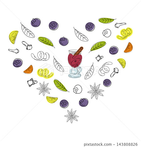 Heart shape greeting with Mulled wine lemon slice, berries, star anise and cloves Cozy Winter design. Isolated Vector illustration Greeting Thematic cards design Winter drink menu or party invitation Heart shape greeting with Mulled wine lemon slice, berries, star anise and cloves Cozy Winter design. Isolated Vector illustration Greeting Thematic cards design Winter drink menu or party invitation 143808826