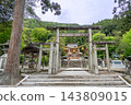 滋賀縣長濱市，春天的伊賀神社入口處的石鳥居和神社庭院 143809015