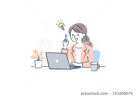 Illustration of a female office worker getting an idea while working on her computer | Light bulb, pointing finger, houseplant, mug Illustration of a female office worker getting an idea while working on her computer | Light bulb, pointing finger, houseplant, mug 143809074