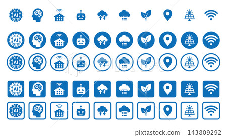 Icon set for AI, smart cities, smart homes, and environmental technologies. Icon set for AI, smart cities, smart homes, and environmental technologies. 143809292