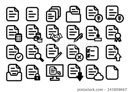 Black and white pictogram icon set for business document and paper management. 143809667