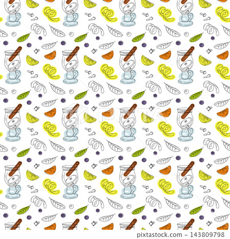 Seamless pattern of mulled wine mugs and citrus in hand-drawn doodle style for winter gift wrapping. Vector illustration on white for festive wrapping paper, winter packaging, textiles and table decor 143809798