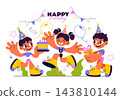 Birthday Party Vector Illustration Featuring Colorful Balloons, Festive Cake, Gift Boxes, Confetti, and Joyful Celebration Decorations 143810144